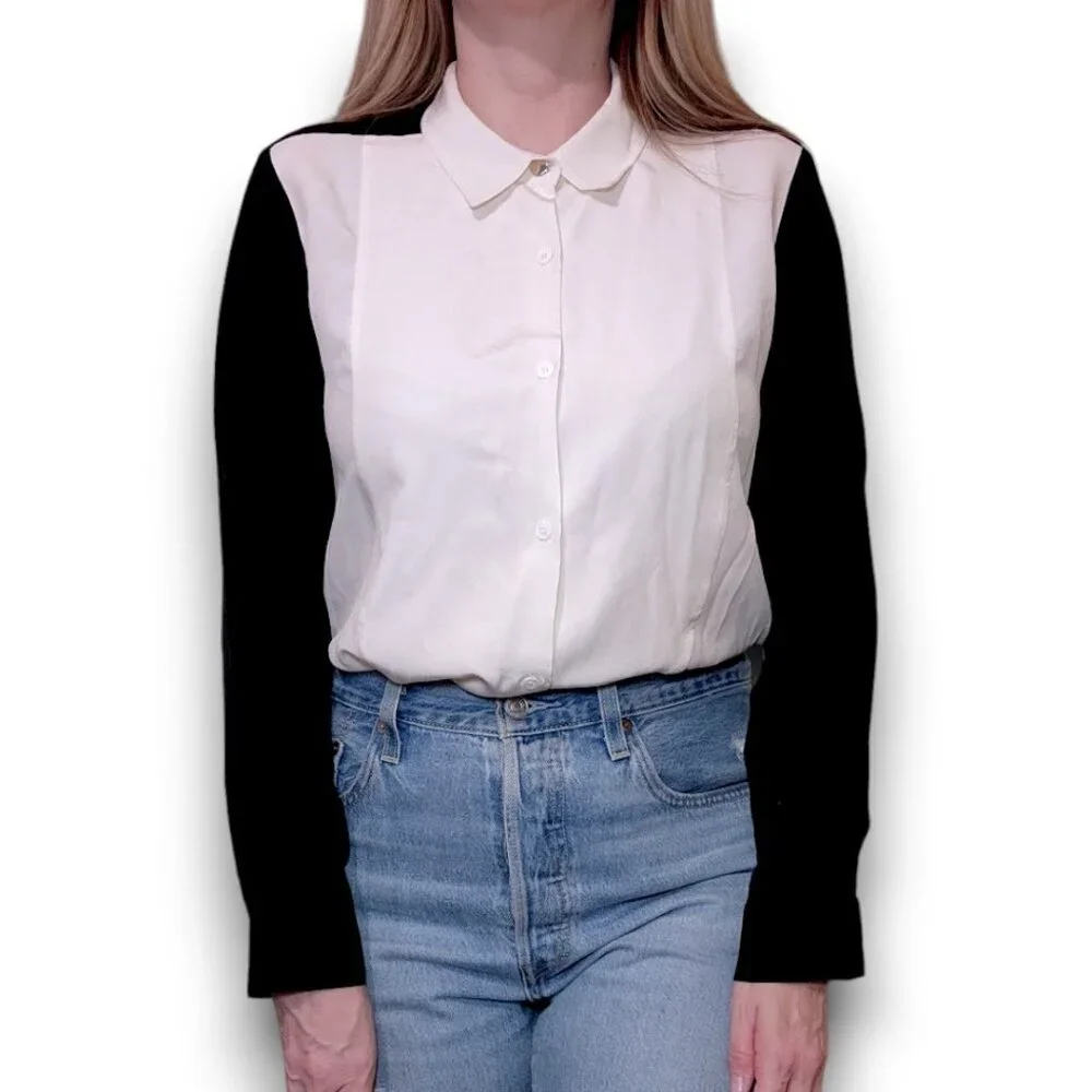 Sandro Paris Black and White Contrast Button Down 100% Silk Top - Picture 1 of 7